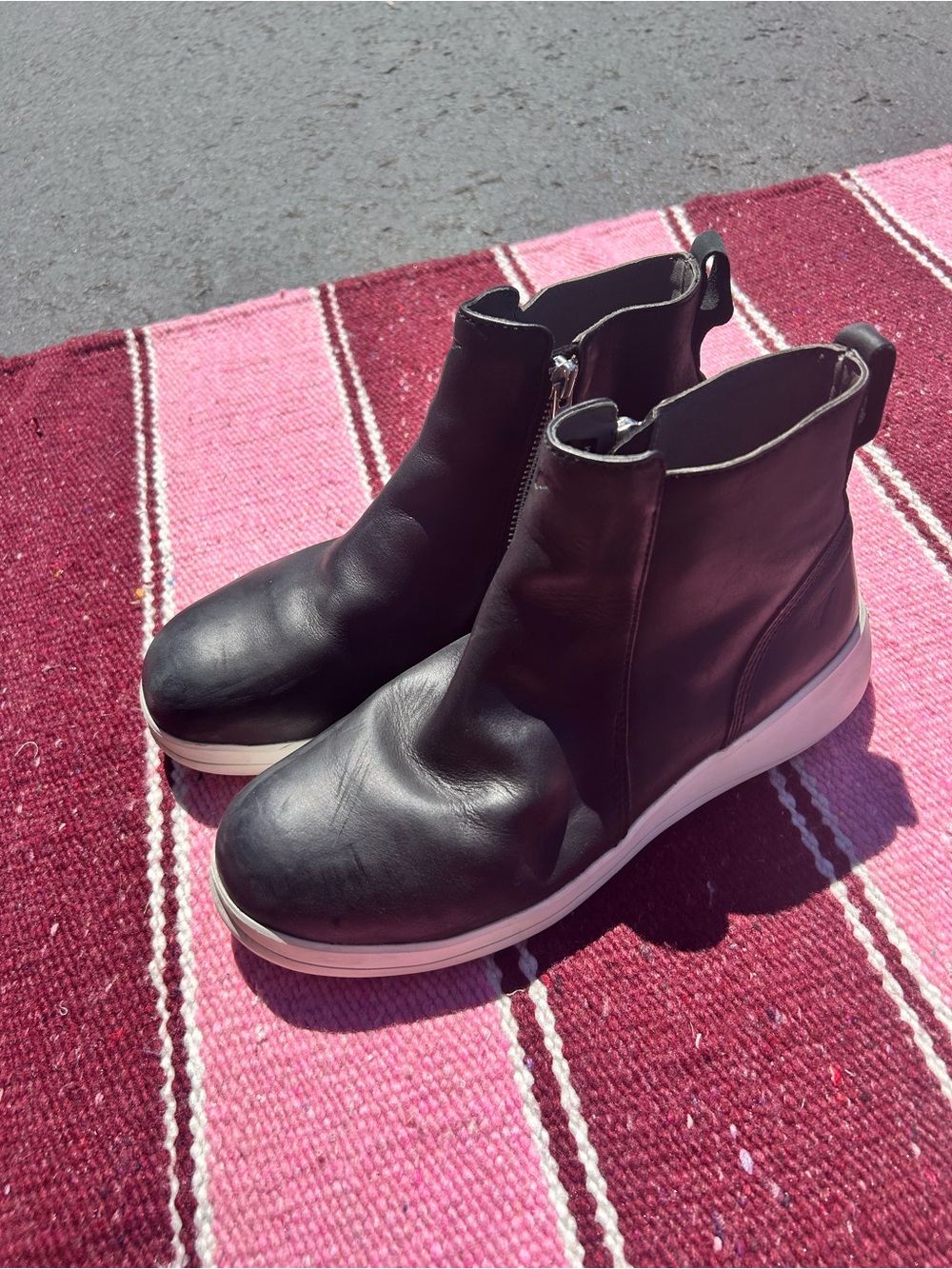 Women's Redwing Black Leather Zip-Entry Ankle Booties with White Platform Sole